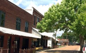 Historic downtown Arlington, TN, featuring charming brick storefronts, tree-lined streets, and small-town Southern charm. Expert lawn care services available in Arlington and surrounding Mid-South areas.