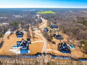 Aerial view of Eads, TN, showcasing spacious homes, open landscapes, and peaceful rural surroundings. Expert lawn care services available in Eads and surrounding Mid-South areas.