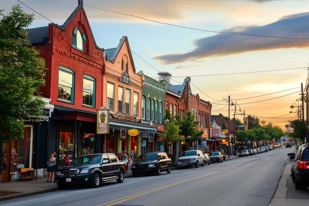 Historic downtown Germantown, TN, at sunset, featuring charming brick buildings, boutique shops, and tree-lined streets. Expert lawn care services available in Germantown and surrounding Mid-South areas.