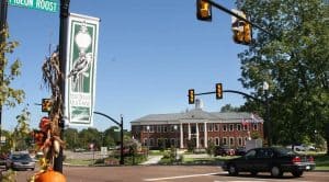 Historic downtown Olive Branch, MS, featuring a well-maintained landscape, a government building, and local charm. Proudly serving the Olive Branch community with expert lawn care services.