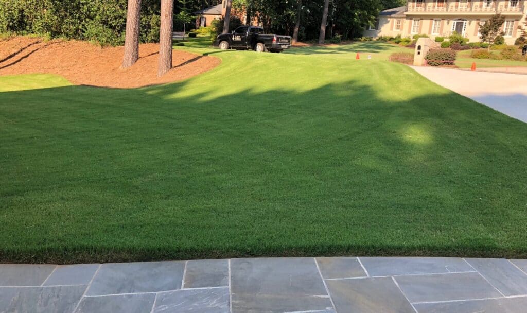 Immaculate Bermuda lawn with crisp edging and tidy patio maintained with weed control and fertilization in North Mississippi