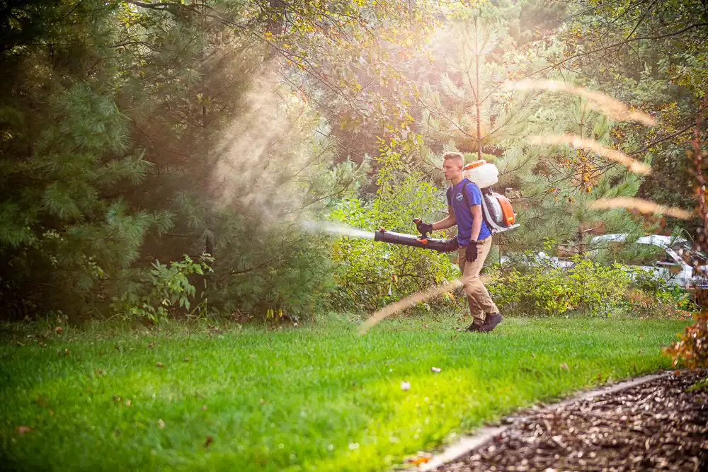 Technician applying mosquito control treatment along perimeter with a backpack sprayer in North Mississippi